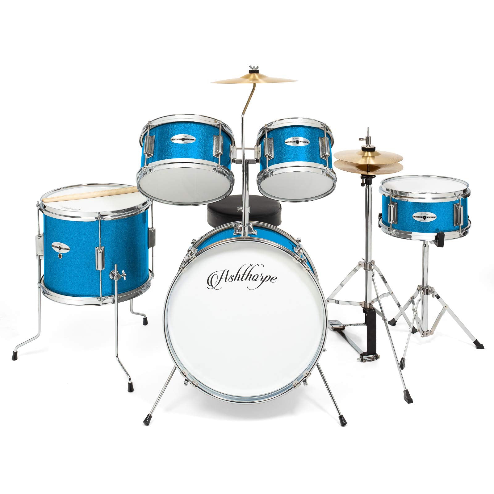 Ashthorpe 5-Piece Complete Kids Drum Set with Genuine Brass Cymbals - Junior Beginner Kit with 16" Bass, Throne, Hi-Hats, Pedals & Drumsticks - Black