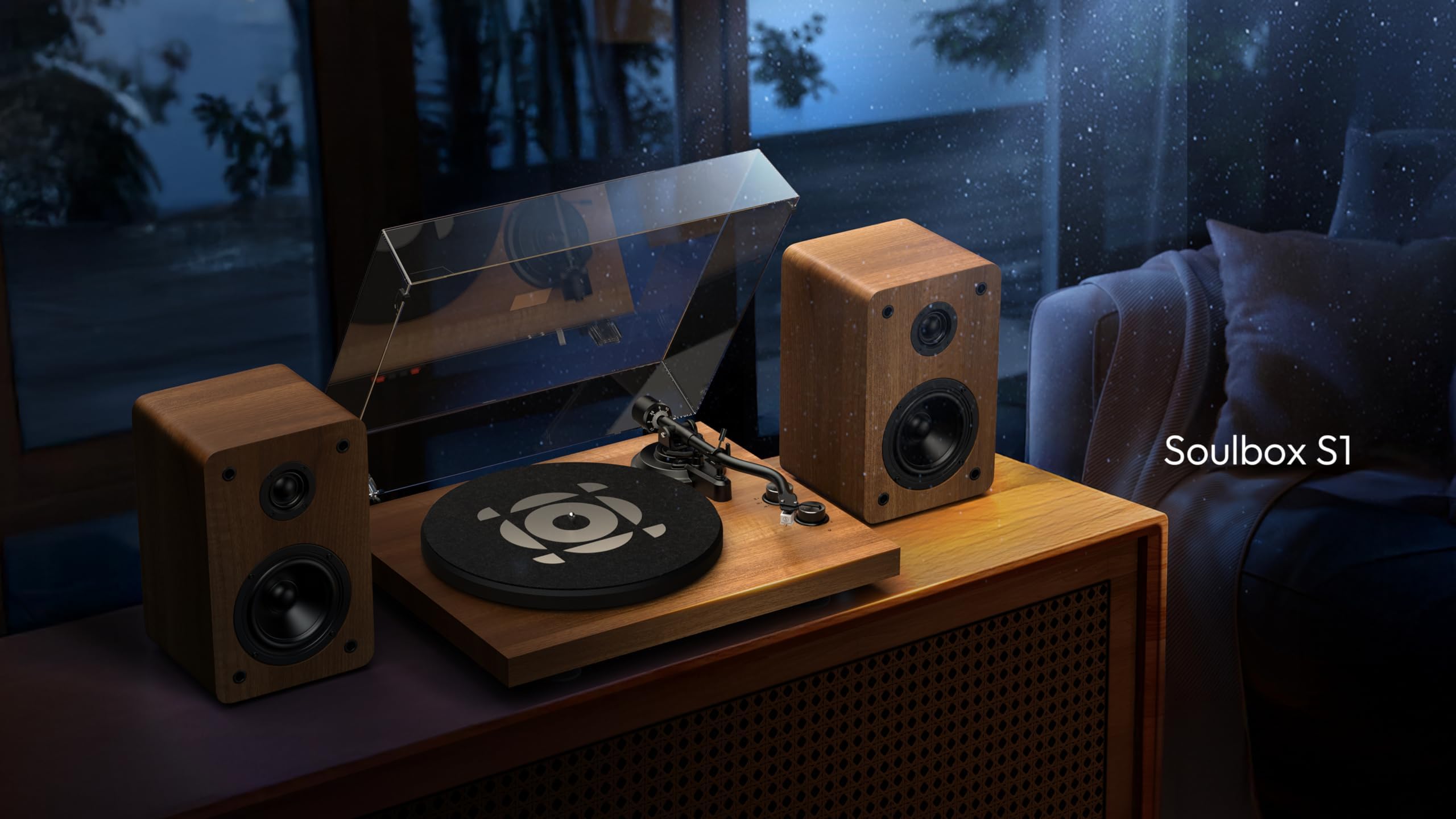 QLEARSOUL SoulBox S1 Vinyl Record Player with Stereo Speakers, Turntable with Built-in Preamp, S-Shaped Tonearm, 33/45 RPM - Black