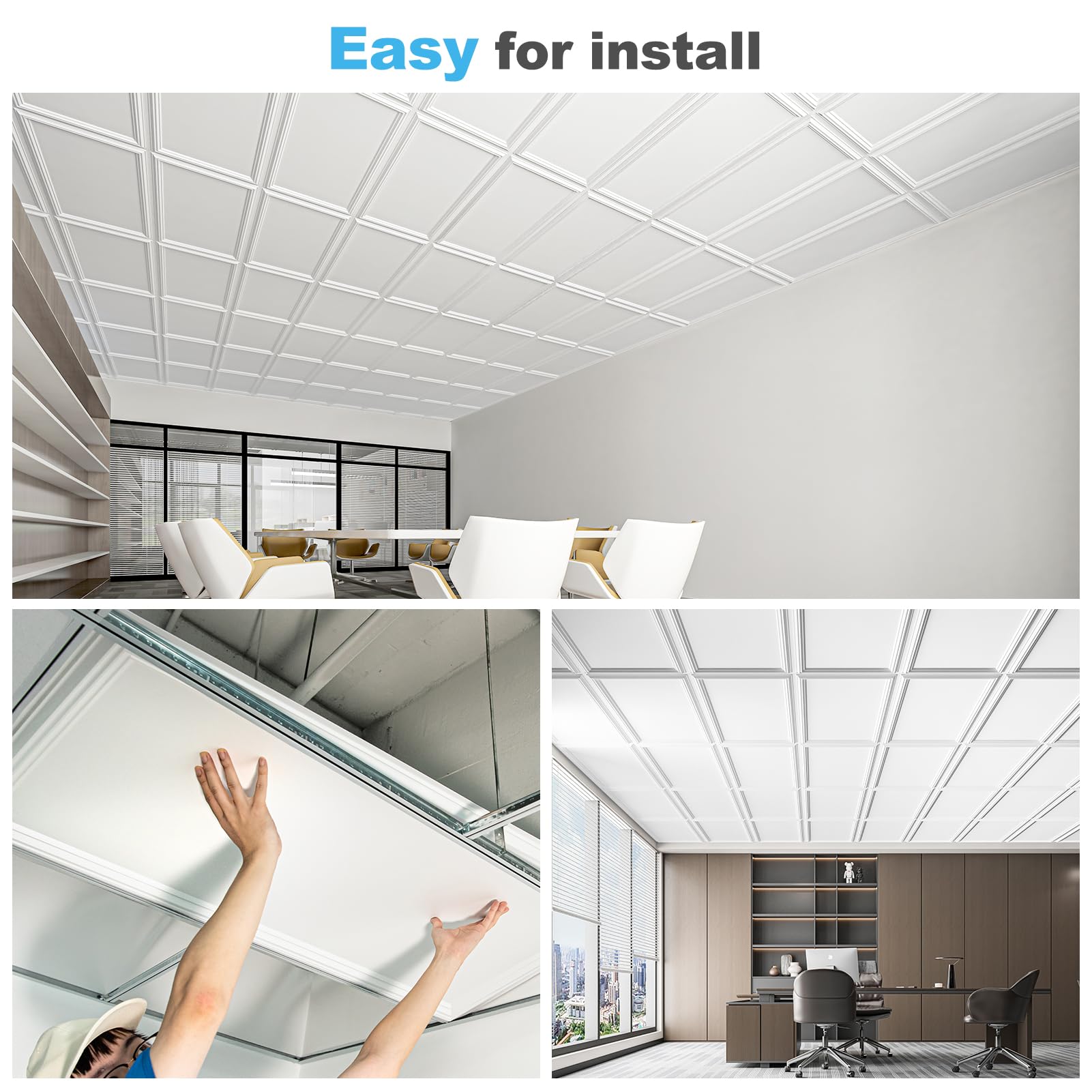 Art3d Drop Ceiling Tiles 24x24in. (12-Pack, 48 Sq.ft), Wainscoting Panels Glue Up 2ft x 2ft for Interior Décor in Living Room, Bedroom & Office, Star Black