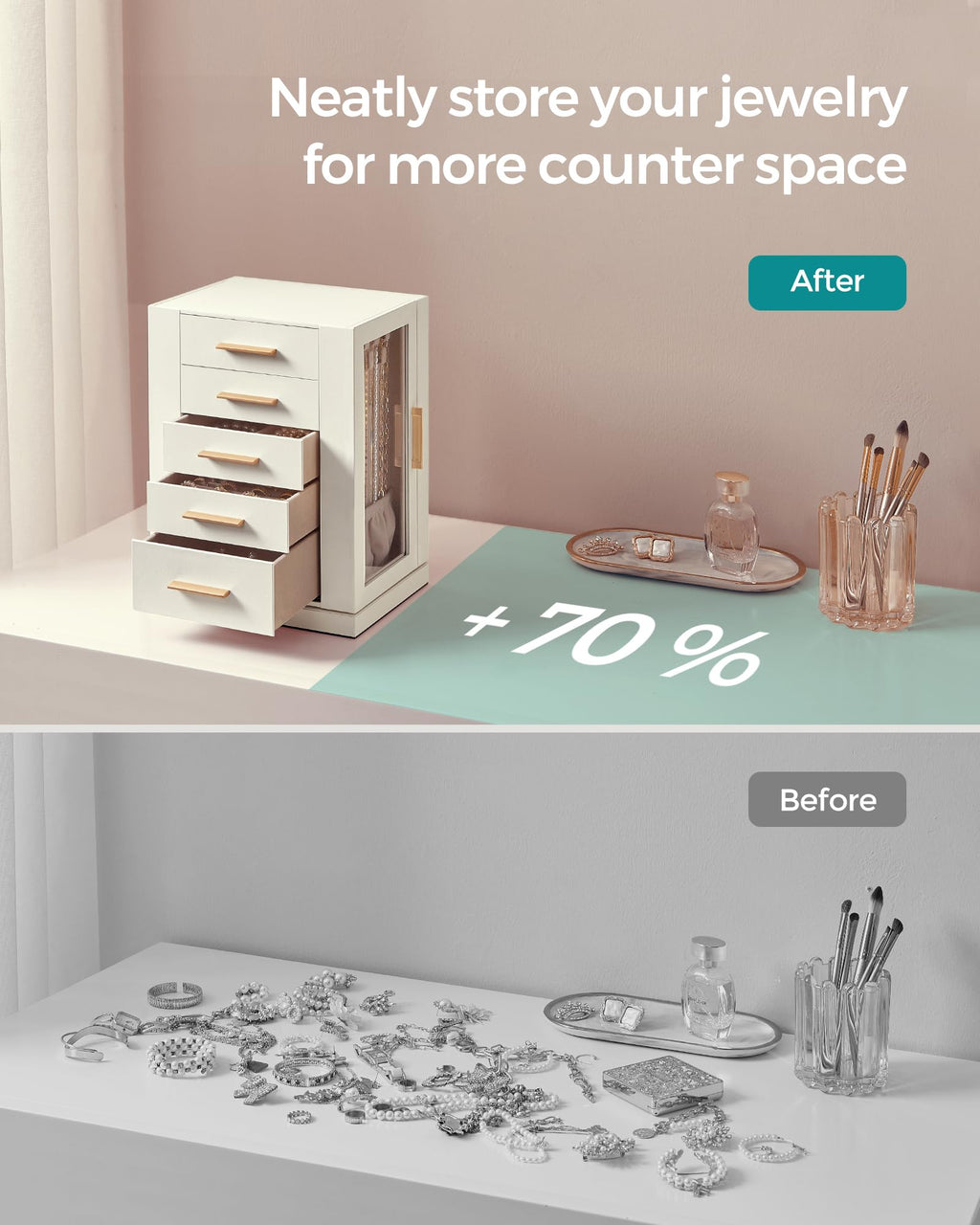 SONGMICS GISELLA Collection - Jewelry Box Organizer 360° Rotating, Vertical Jewelry Storage Case with 5 Drawers, Glass Window, Spacious, Open Design, Great Gift, Cloud White UJBC170W01