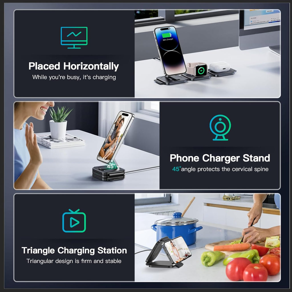 JARGOU 3 in 1 Charging Station for iPhone 16/15/14/13/12 Series, Travel Charger for Multiple Devices for AirPods 4/3/2/Pro,Wireless Charger Magnetic Charging for Apple Watch S10 Series(Black)