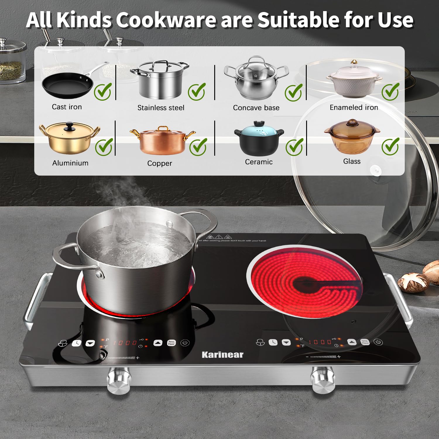 Karinear Portable Electric Stove 110V, 1800W Electric Hot Plate with Handle, Knob Control Single Burner Electri Cooktop, Ceramic Infrared Countertop Burner, Timer, Safety Lock(Green)