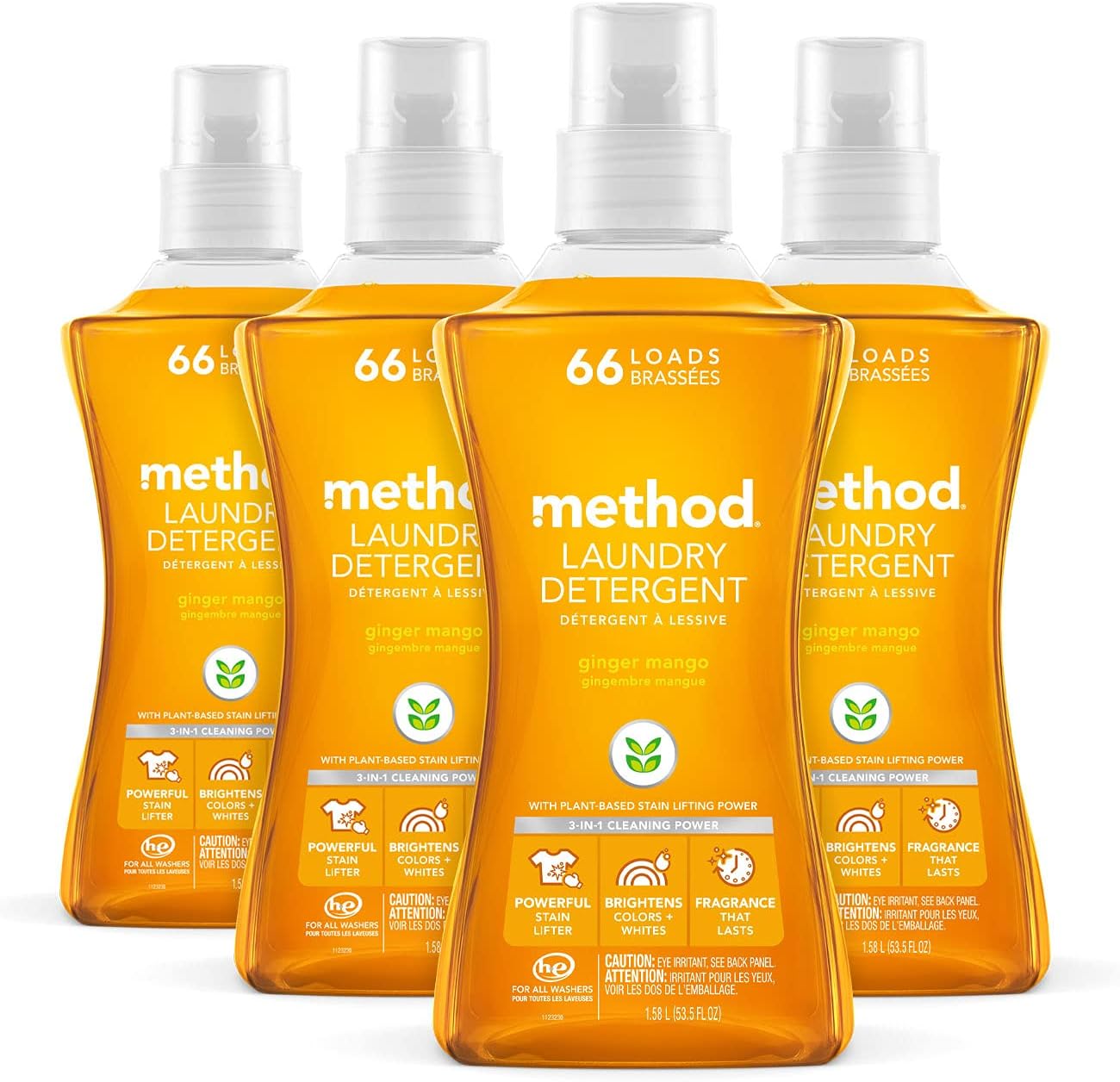 Method Liquid Laundry Detergent; Ginger Mango Scent; Stain Remover; 66 Loads per 53.5 fl oz bottle; 4 Pack (264 Total Loads); Packaging May Vary
