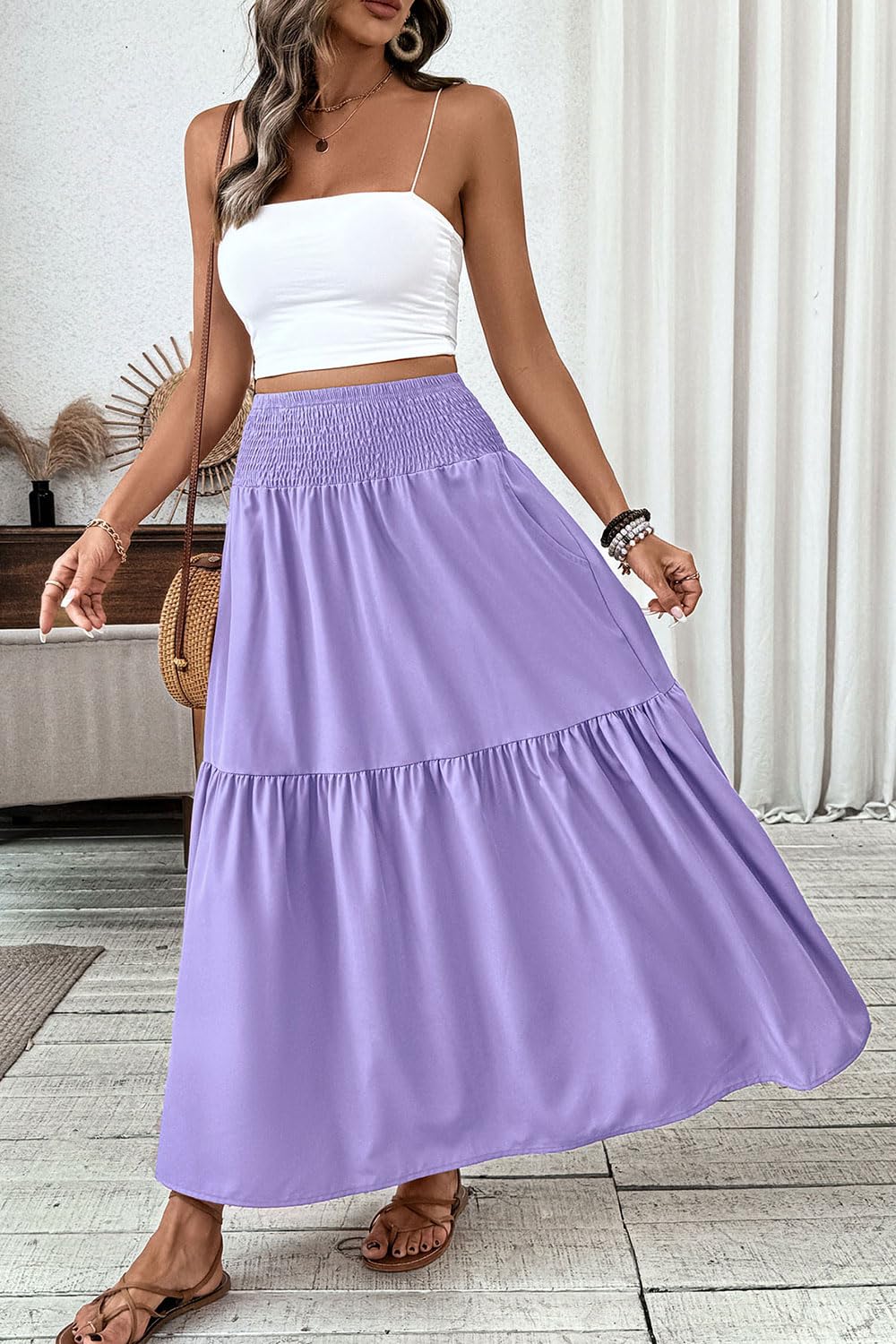 Women's Smocked High Waist Maxi Skirt Casual Boho Long Skirts with Pockets
