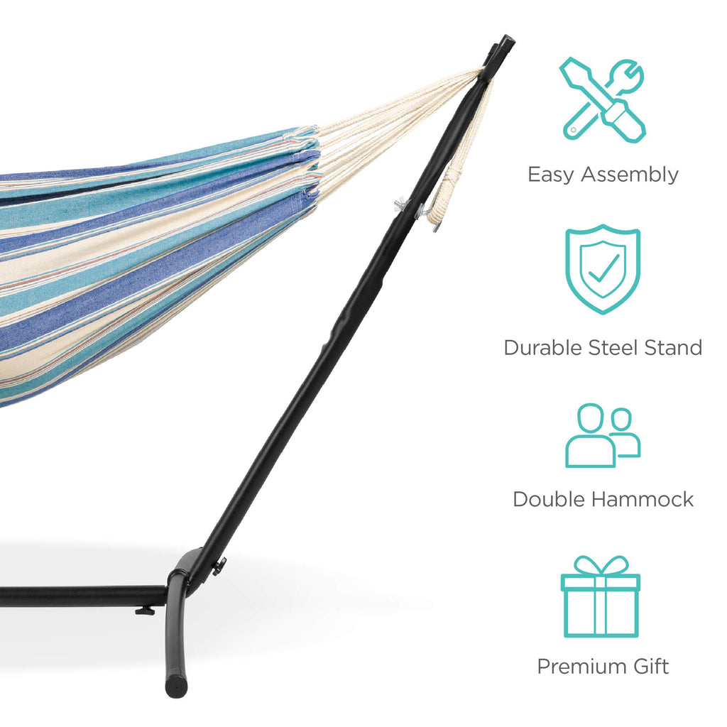 Best Choice Products Double Hammock with Steel Stand, Indoor Outdoor Brazilian-Style Cotton Bed w/Carrying Bag, 2-Person Capacity - Abyss