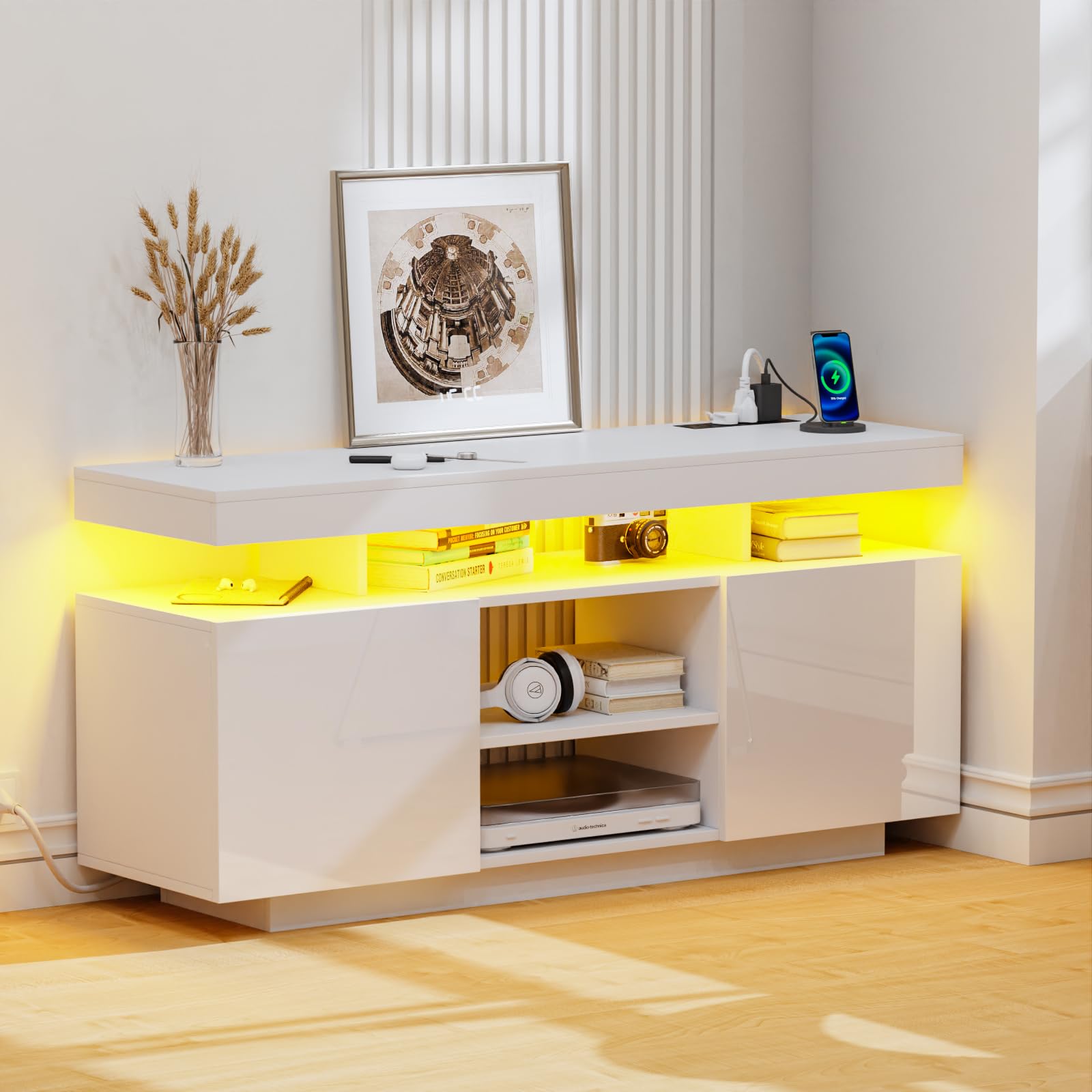 HOMMPA Modern LED TV Stand for 55 Inch TV, Black Tall TV Console with Power Outlet, Entertainment Center with Storage, High Gloss Gaming Media Console Cabinet for Living Room (47 Inch)
