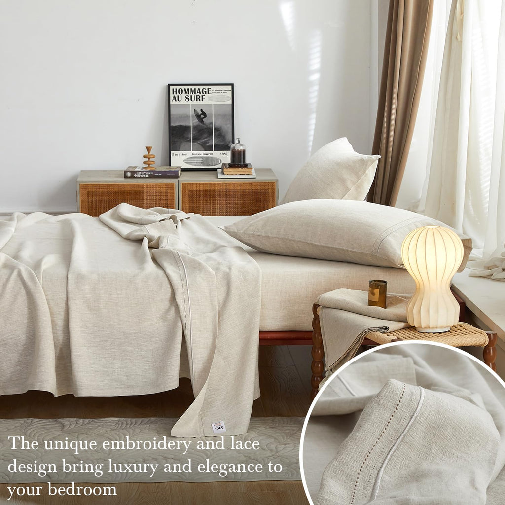 Simple&Opulence 100% Pure Linen Sheet Set Twin Size, Natural French Flax Solid Color 3 Pcs Washed Breathable, Farmhouse Bedding (1 Flat Sheet,1 Fitted Sheet,1 Pillowcase)-Embroidery Dark Grey