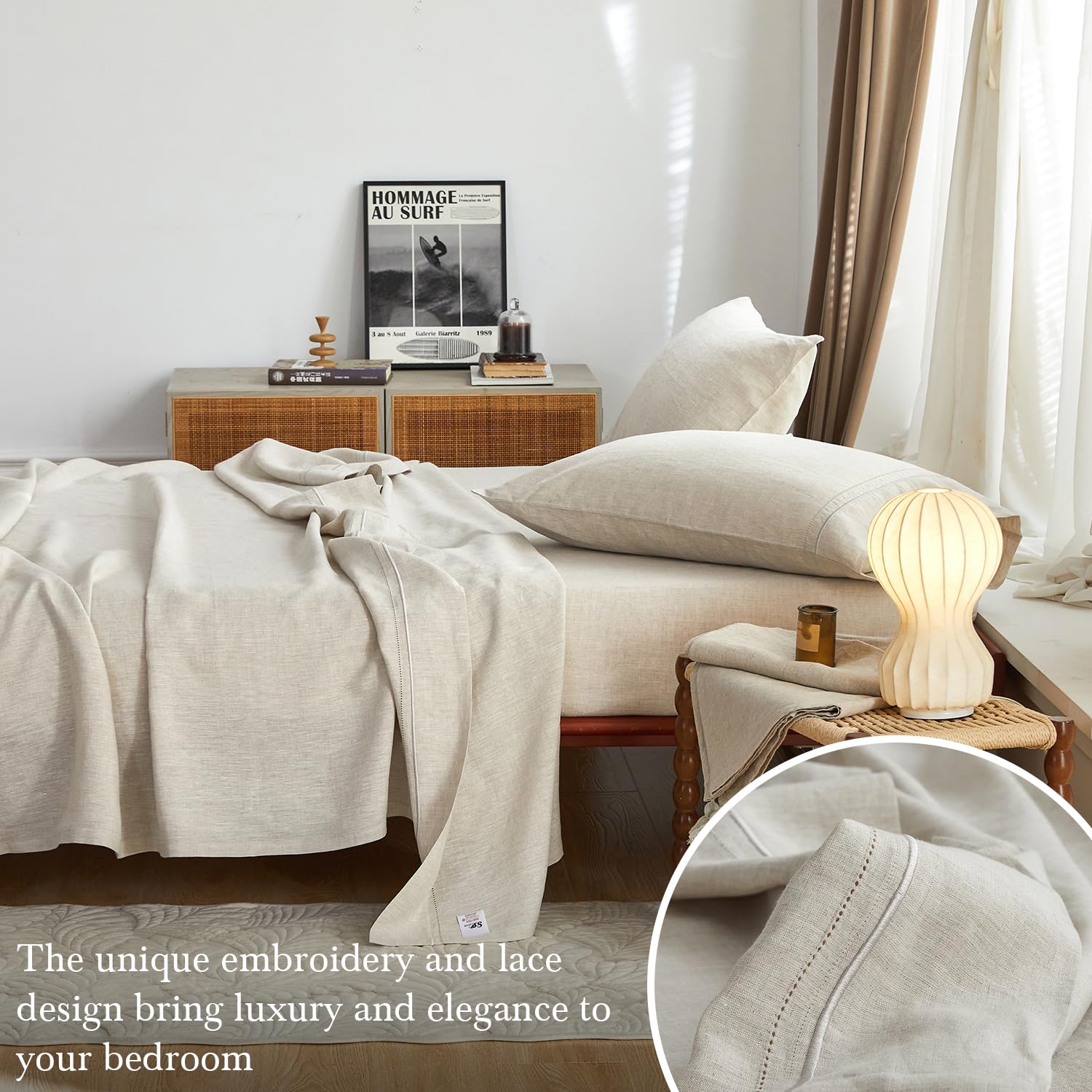 Simple&Opulence 100% Pure Linen Sheet Set Twin Size, Natural French Flax Solid Color 3 Pcs Washed Breathable, Farmhouse Bedding (1 Flat Sheet,1 Fitted Sheet,1 Pillowcase)-Embroidery Dark Grey