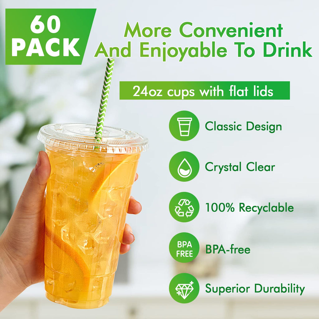 Lilymicky 200 Sets 10 oz Clear Plastic Cups With Flat Lids, 10 Ounce Disposable Drinking Cups for Smoothie, Slurpee, or Any Cold Drinks