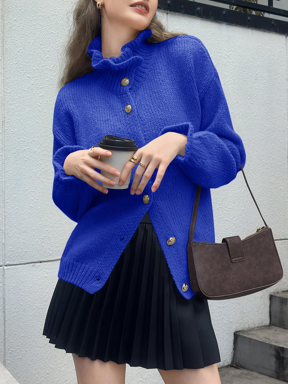 Saodimallsu Womens Ruffle Cardigan Oversized Button Up Fall Trendy Ribbed Knit Open Front Long Sleeve Loose Cute Sweater