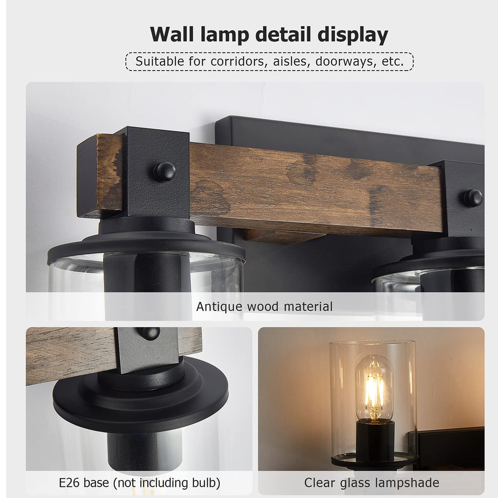 DUJAHMLAND Farmhouse Vanity Light Fixture,3-Light Bathroom Wood Wall Light Over Mirror with Clear Glass Shade, Rustic Vintage Wall Sconce Lighting.(Antique Wood, 3-Light)
