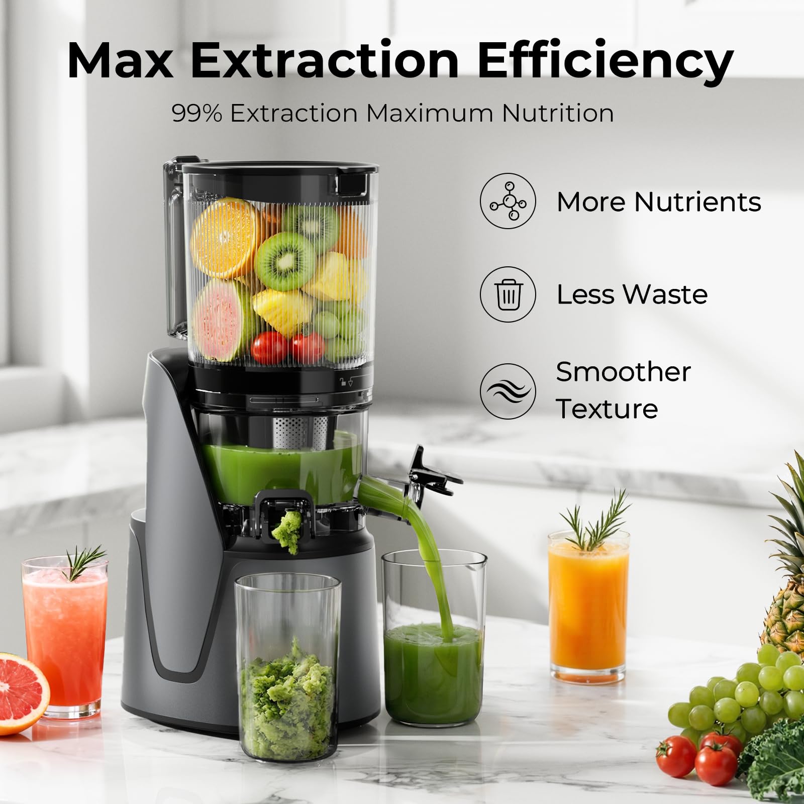 EanOruus Juicer Machines, 3-in-1 Cold Press Juicer with 6.5" Extra Large Chute, 100oz Large Capacity, AC Motor, Makes Juice, Nut Milk & Sorbet, Bright White