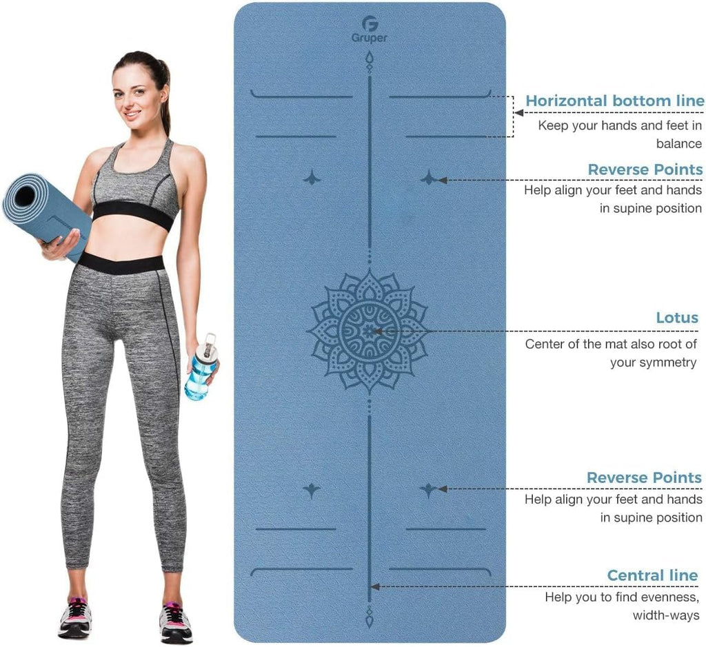 Gruper Yoga Mat Non Slip TPE Extra Wide Yoga Mat with Alignment Mark, 72"L x 32"W x 0.32"/0.24"Th (183cm x 80cm x 8mm/6mm), Anti-Tear Exercise Mat with Carrying Strap and Bag, Workout Mats for Yoga, Pilates