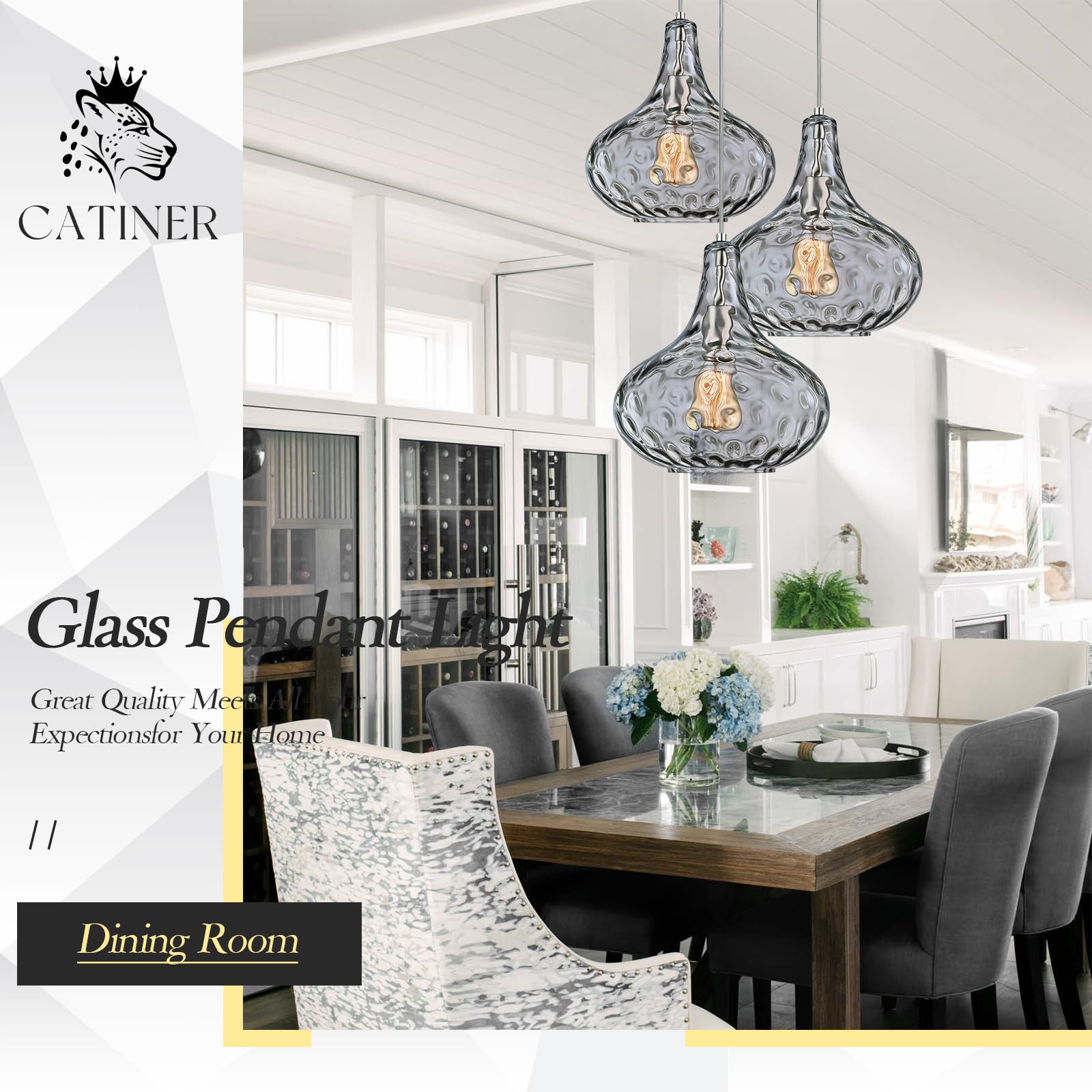 Glass Large Pendant Lights for Kitchen Island Blown Glass Pendant Light Clear Hammered Shade Hanging Ceiling Lights with Black Finish for for Kitchen Island, Sink, Hallway, Living Room 11 inch