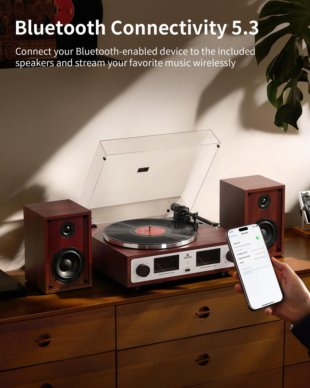 ANGELS HORN Bluetooth Turntable with Speakers, Vinyl Record Player System with AT-3600L, Built-in Phono Preamp, Belt Drive 2-Speed, Adjustable Counterweight, Pitch Control Hi-Fi Record Player System