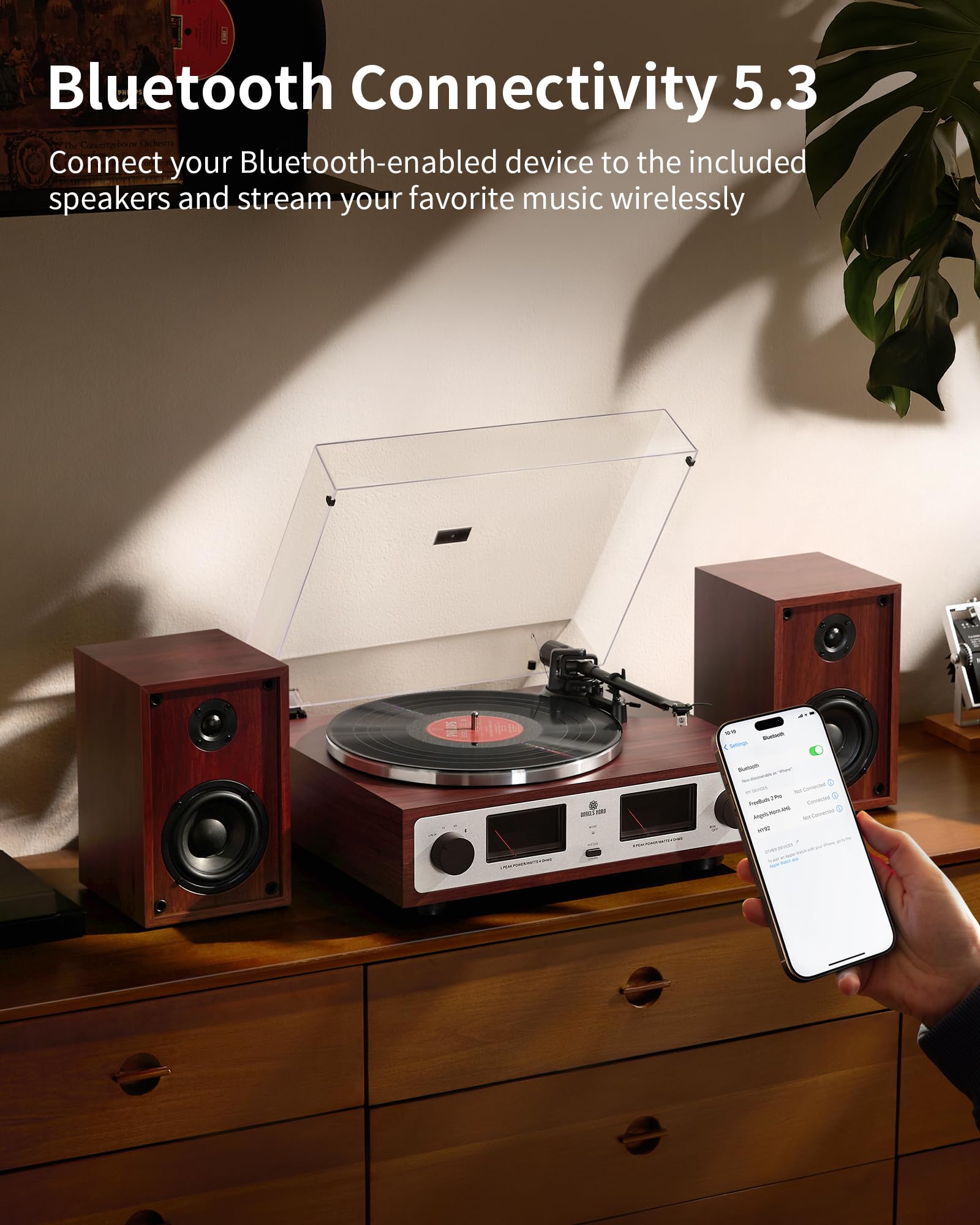ANGELS HORN Bluetooth Turntable with Speakers, Vinyl Record Player System with AT-3600L, Built-in Phono Preamp, Belt Drive 2-Speed, Adjustable Counterweight, Pitch Control Hi-Fi Record Player System