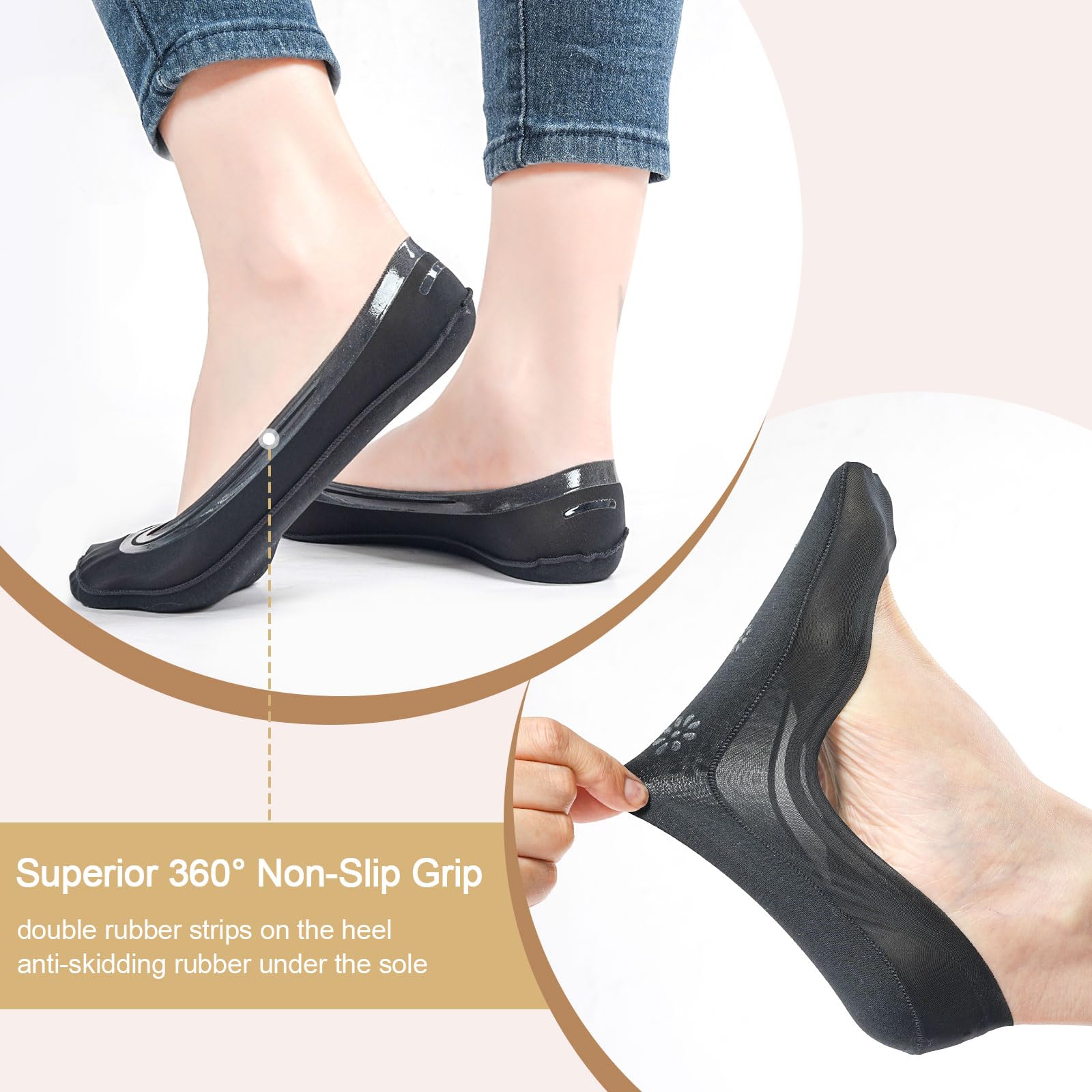 6 Pairs No Show Socks Womens Ultra Low Cut Nylon Thin Socks for Flat Invisible Non Slip Liner Footies