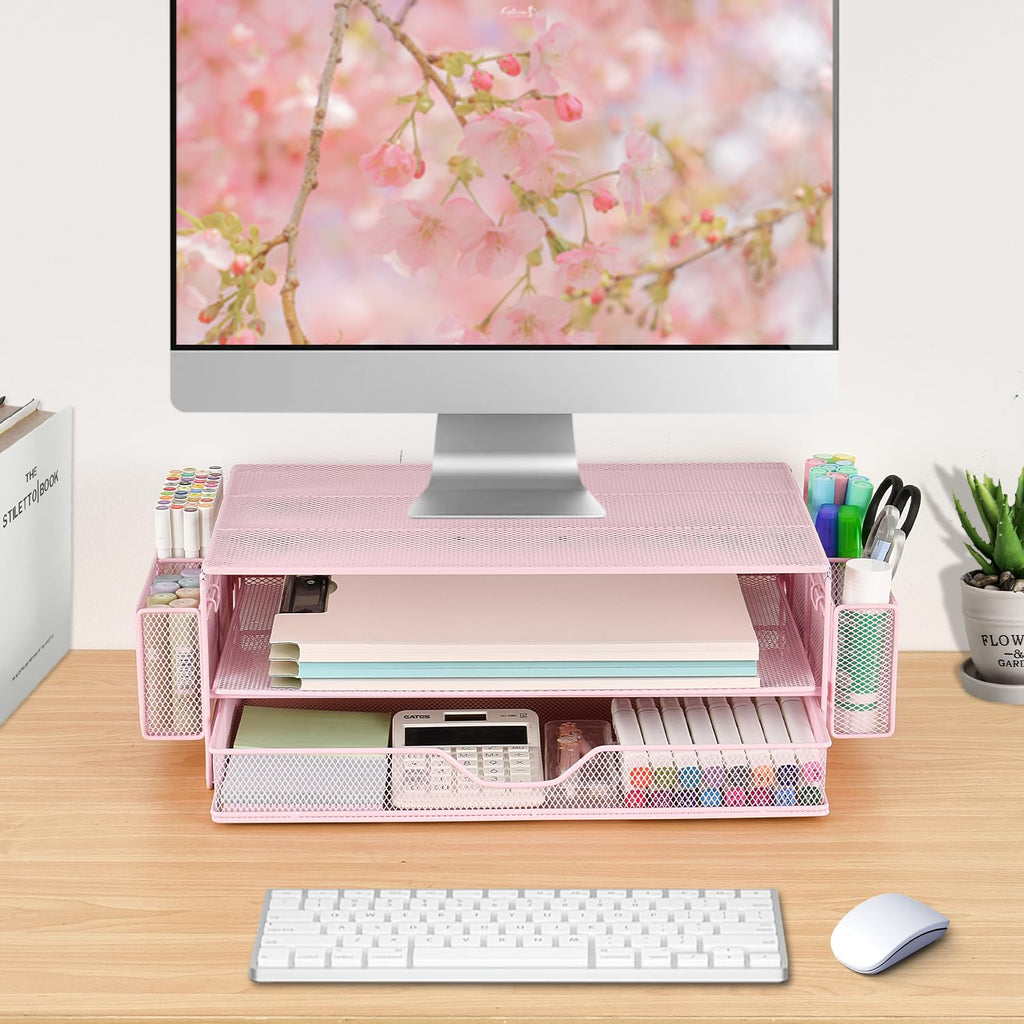 AUPSEN 2 Tier Computer Monitor Stands with Drawer and 2 Pencil Holder, Metal Monitor Stand Monitor riser, Computer Desk Organizer and Accessories for Laptop, Computer, Printer, Office Supplies(Black)