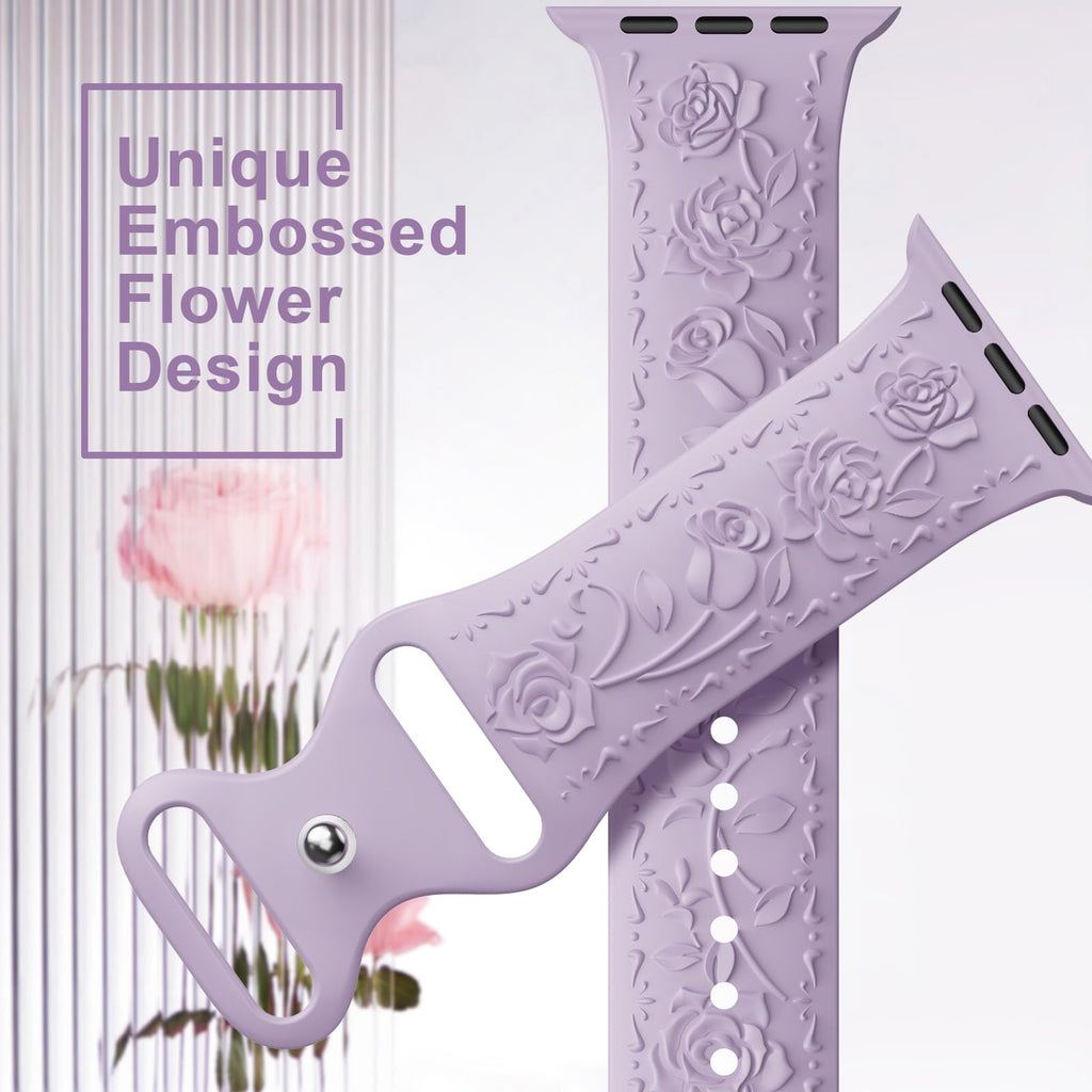 Floral Engraved Band Compatible with Apple Watch Band 40mm 41mm 38mm 42mm 44mm 45mm 46mm 49mm Women, Soft Silicone Cute Embossed Flower Strap for iWatch Band Series SE Ultra 11 10 9 8 7 6 5 4 3 2 1