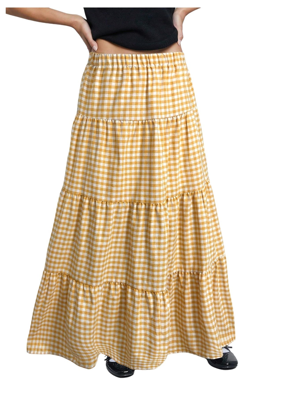 MakeMeChic Women's Plaid Maxi Skirts A Line Ruffle Tiered Layer Y2K Flowy Casual Long Skirts