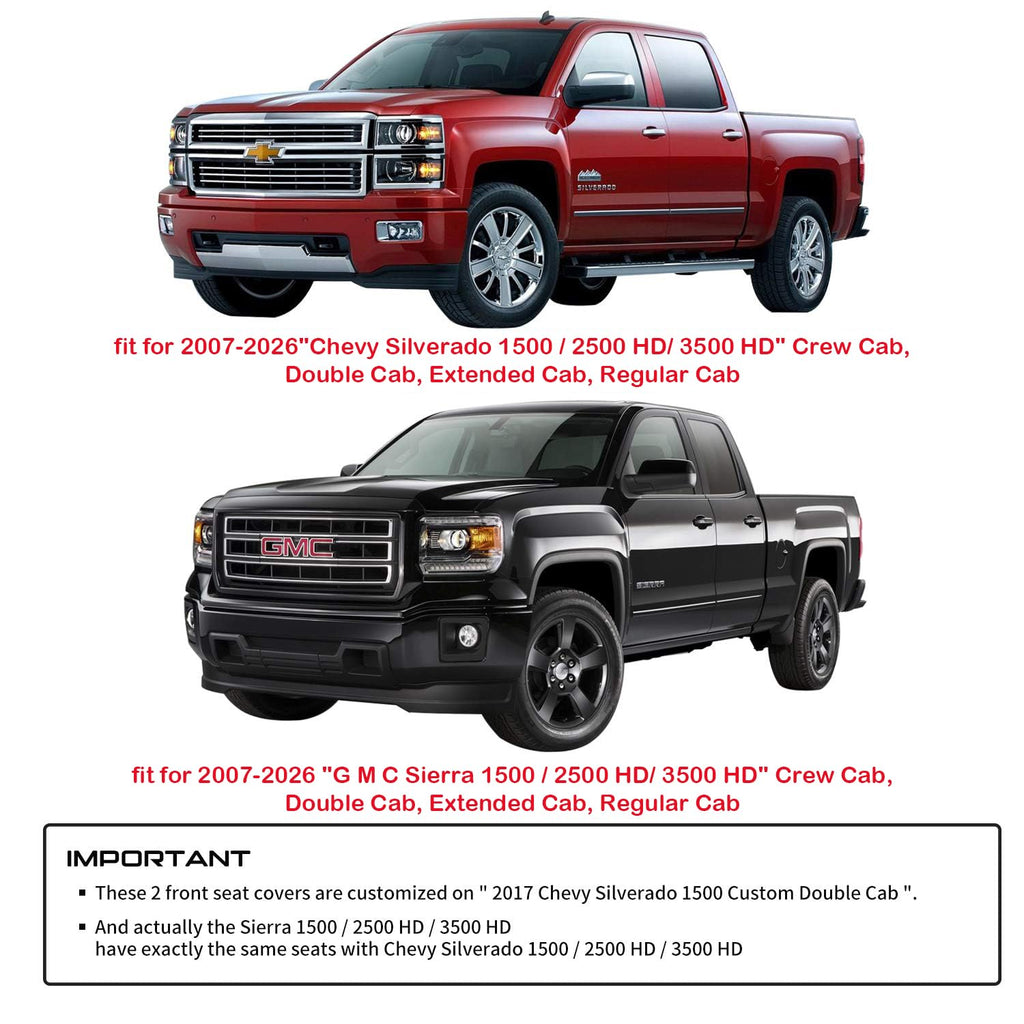 Aierxuan 2Pcs Front Chevy Silverado GMC Sierra Car Seat Covers, Custom Fit 2007-2026 1500 2500 HD 3500 HD Crew, Double, Extended Cab or Pickup Truck, with Waterproof Faux Leather (Black)