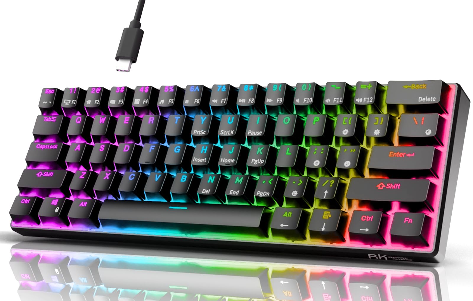 RK ROYAL KLUDGE RK61 Wired 60% Mechanical Gaming Keyboard Programmable QMK/VIA RGB Backlit 61 Keys Ultra-Compact Hot Swappable Brown Switch Black