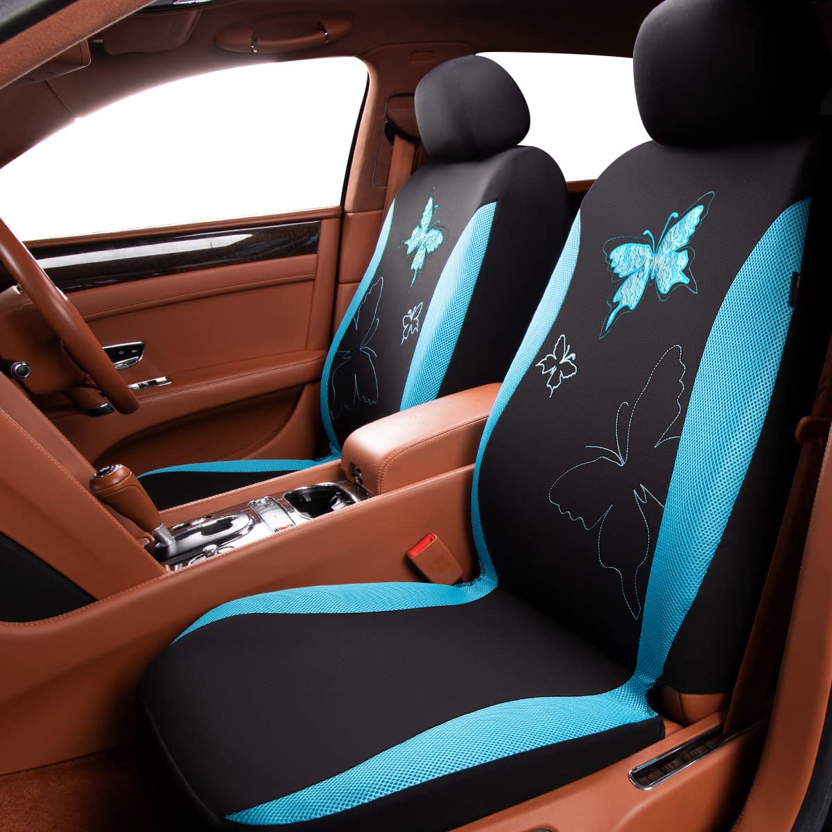Flying Banner Butterfly car seat Covers ful Set Fashion Universal Lady Woman Female Rear Bench Split Colorized (2 Fronts, Mint Blue)