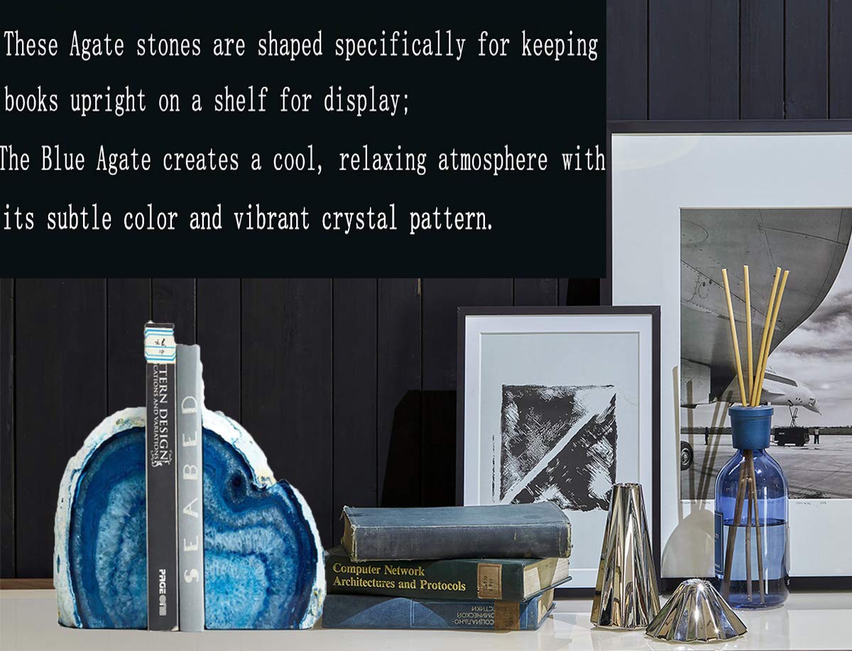 JIC Gem Black Agate Geode Bookends 2-3 Lbs Anti-Slip Rubber Pads Heavy Duty | 1Pair Natural Black Agate Crystal Decor for Shelves & Desk, Unique Small Stone Book Holder Gift for Office & Home Decoration