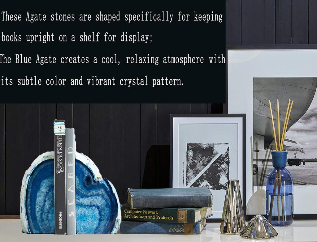 JIC Gem Black Agate Geode Bookends 2-3 Lbs Anti-Slip Rubber Pads Heavy Duty | 1Pair Natural Black Agate Crystal Decor for Shelves & Desk, Unique Small Stone Book Holder Gift for Office & Home Decoration