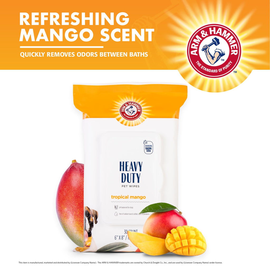 Arm and Hammer for Pets Heavy Duty Multipurpose Dog Bath Wipes, Mango Scent, Travel Size - All Purpose Wipes That Remove Odor and Refresh Dog Coat Between Baths, 30 Count