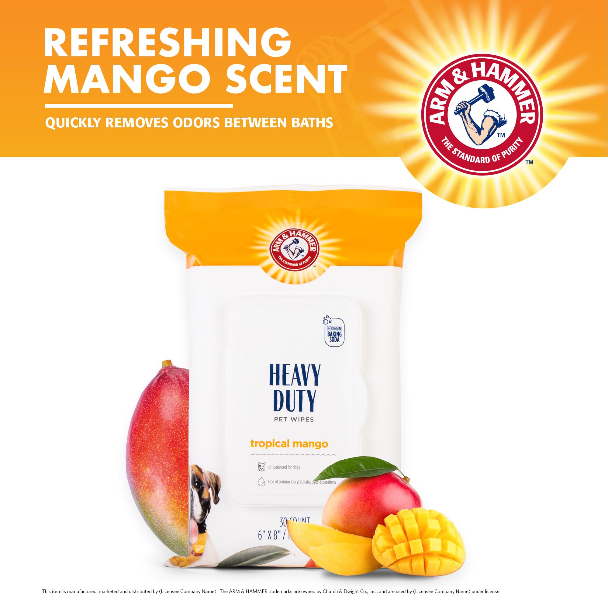 Arm and Hammer for Pets Heavy Duty Multipurpose Dog Bath Wipes, Mango Scent, Travel Size - All Purpose Wipes That Remove Odor and Refresh Dog Coat Between Baths, 30 Count