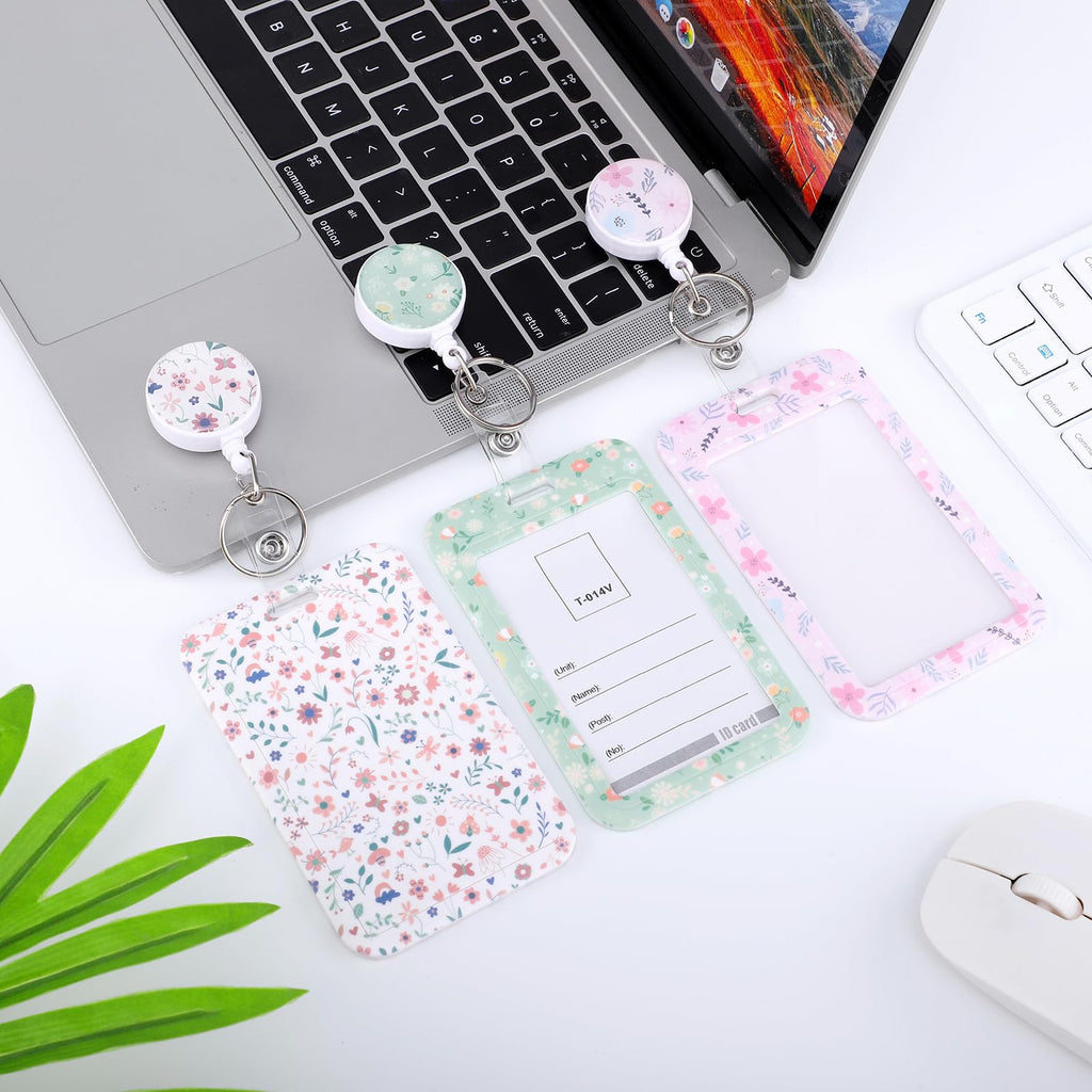 3 Set Badge Holder Retractable Reel Bloom ID Badge Holders with Clip Cute Name Badge Holders for Teacher Nurse Doctor Student Office Workers