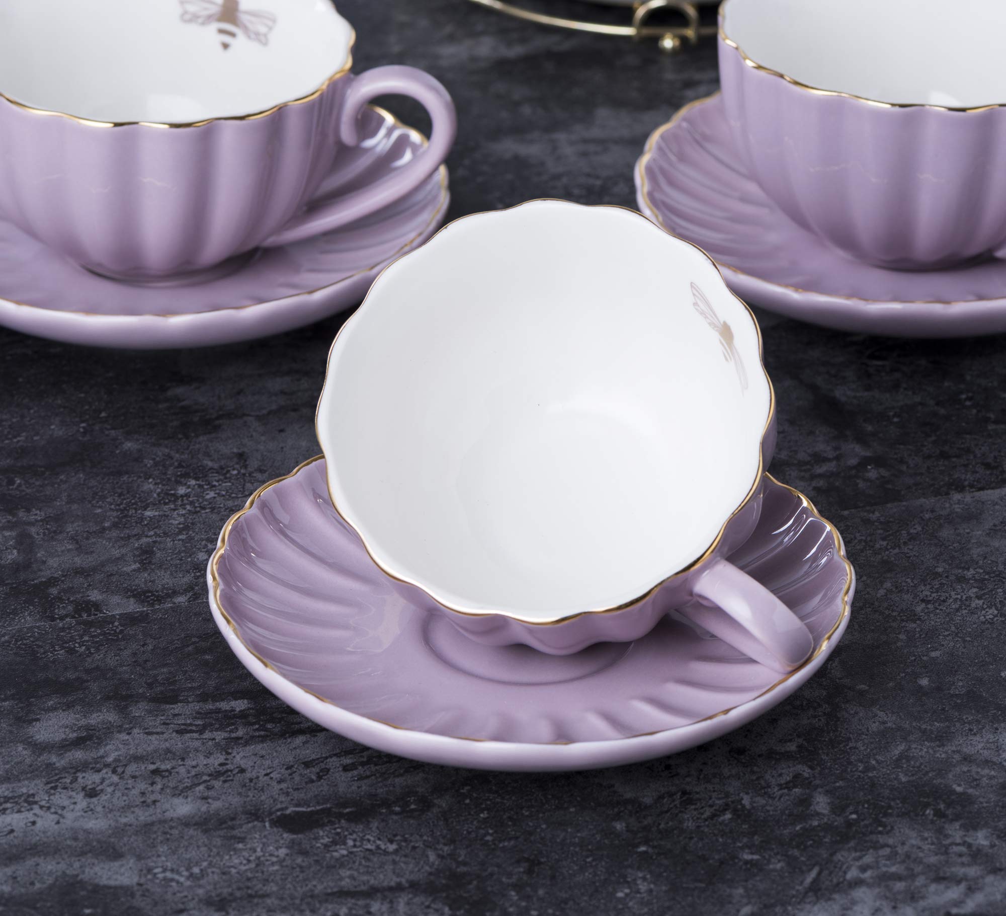 Jusalpha Serve for 6- Fine China Pink Coffee Cup/Teacup Set, 8 OZ Cups& Saucer, with Teapot-Sugar Bowl-Cream Pitcher Teaspoons and tea strainer for Tea/Coffee (Lavender, Serve of 6)