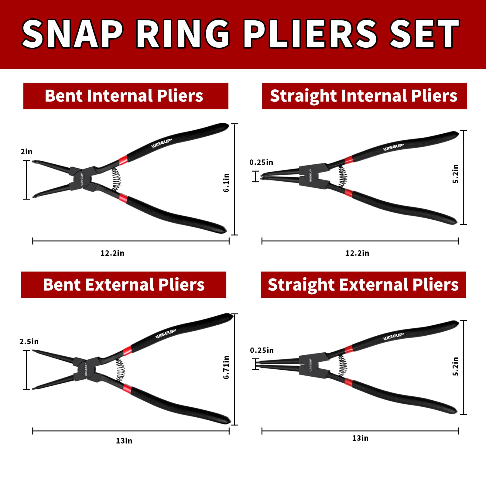WISEUP Snap Ring Pliers Set, Heavy Duty 4PCS-7 inch Internal/External Circlip Pliers Kit, Straight/Bent Jaw Tips for C-Clip Ring Remover