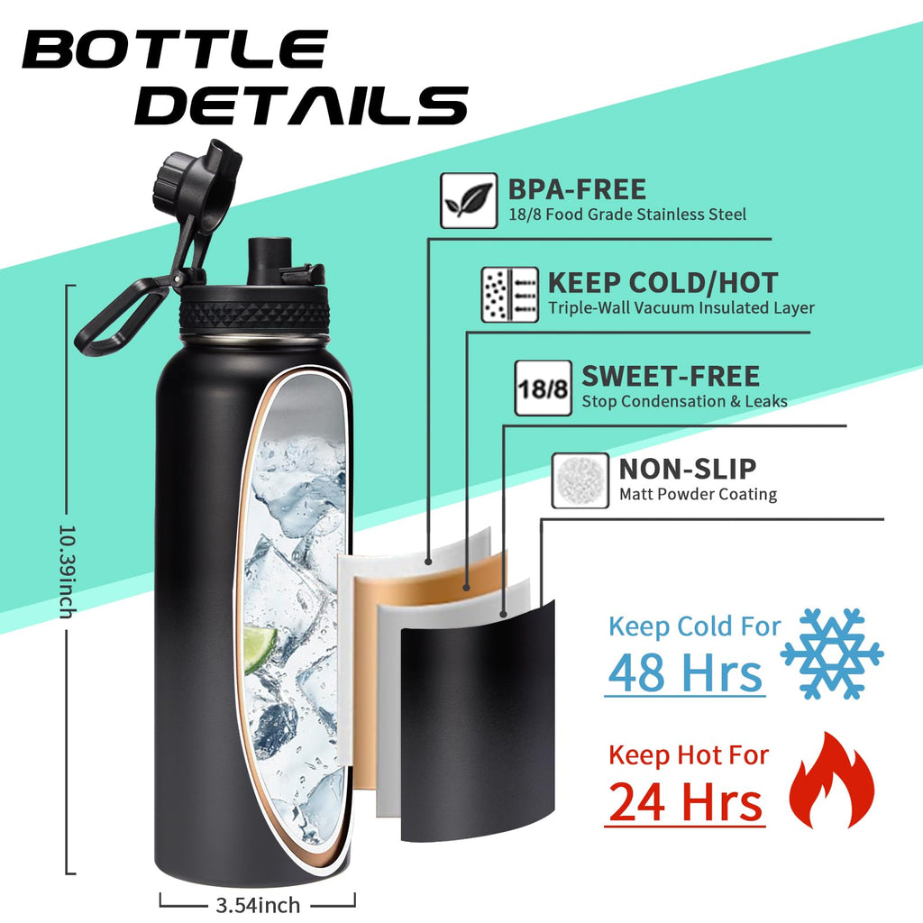 Insulated Water Bottle 32 oz - Cold-48h & Hot-24h Stainless Steel Vacuum Flask with Straw & Pop-up Chug Lid, Leak Proof 32oz Water Bottles, Wide Mouth Hydro Metal Thermal Cups for Gym Work