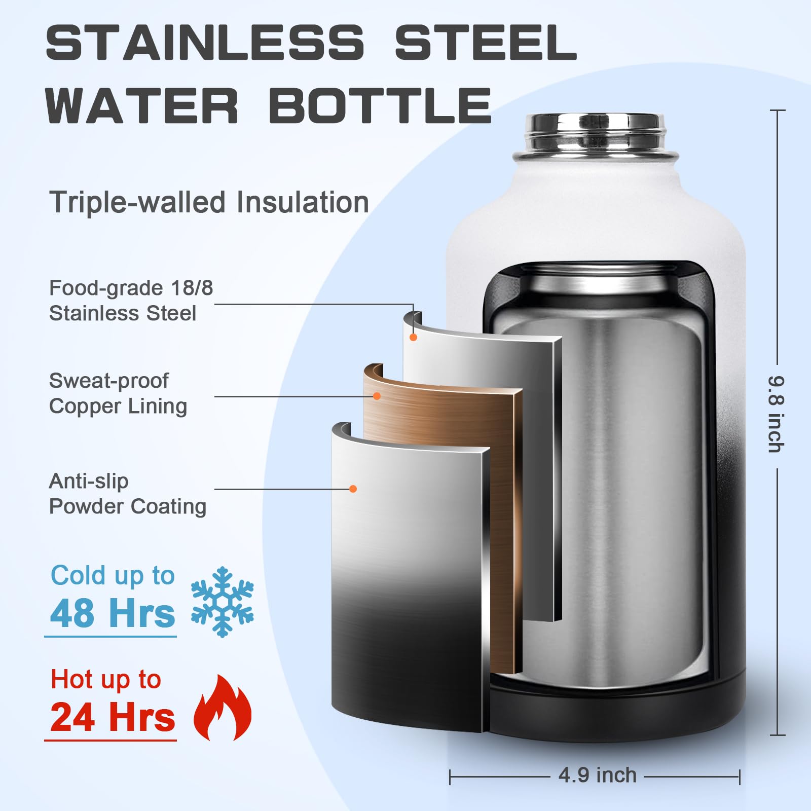 GAZLEMHO 40 oz Insulated Water Bottle with Straw& Spout 2-in-1 Lid, Triple Wall Vacuum Stainless Steel Cold 48H, Leak Proof Sports Metal Flask Jug with Paracord Handle, Black