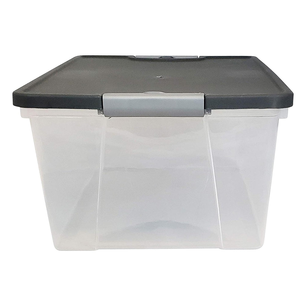 HOMZ 4-Pack Secure Latch, Clear Plastic Storage Organizer Bins, 15 Quart, Gray Lid - Stackable Container Boxes for Bedroom, Bathroom, Garage, and Office Organization