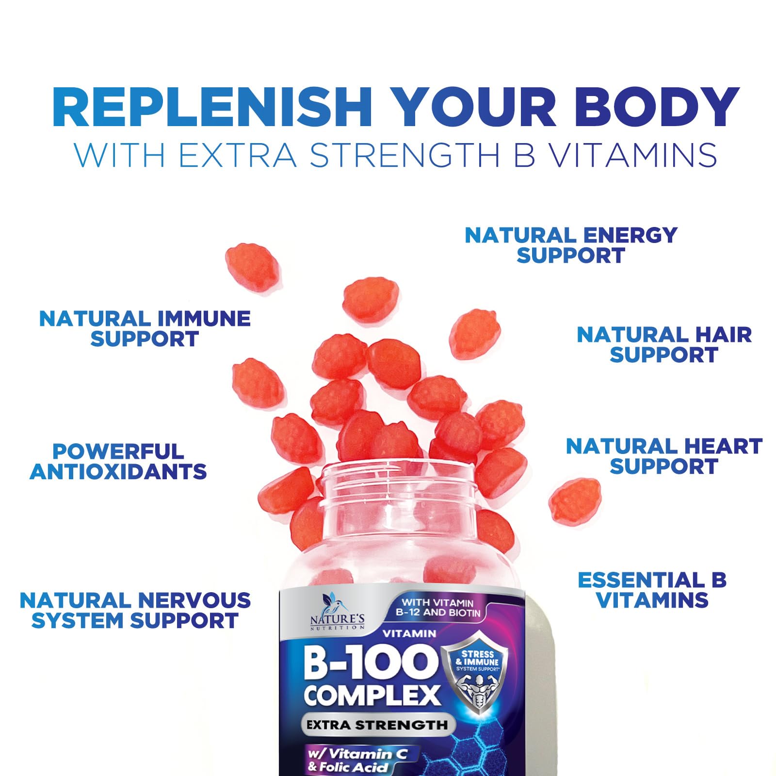 Vitamin B Complex Gummies - Extra Strength Super B Vitamin Gummy with Vitamin C, Immune Support for Men & Women - Energy and Brain Support Supplements with Folic Acid, Niacin, B6, B12 - 60 Gummies