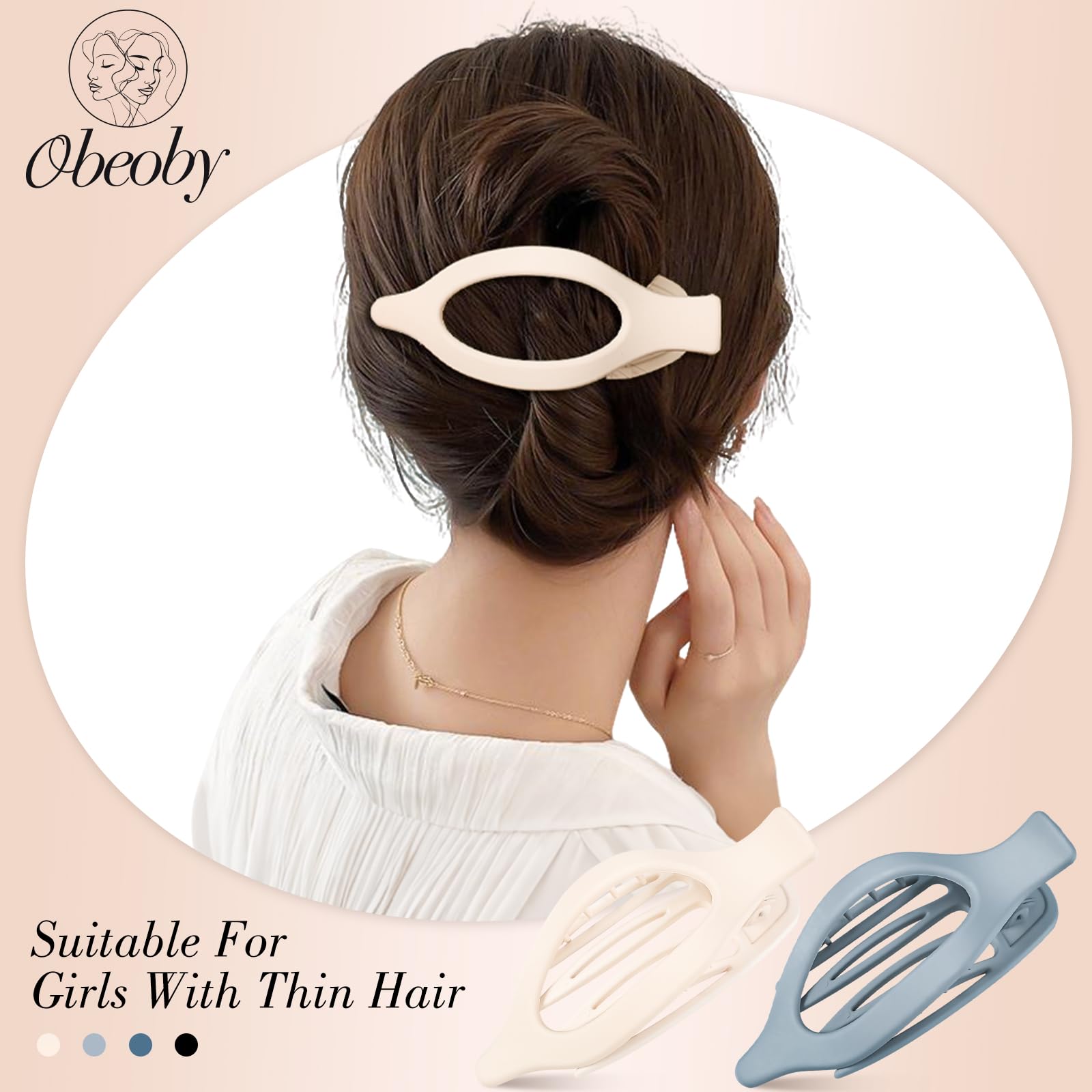 Obeoby 8 Pcs Flat Claw Clips for Women, Strong Hold French Flat Hair Clips for Thick Thin Hair Barrettes Accessories Round Large Medium (Tortoiseshell)