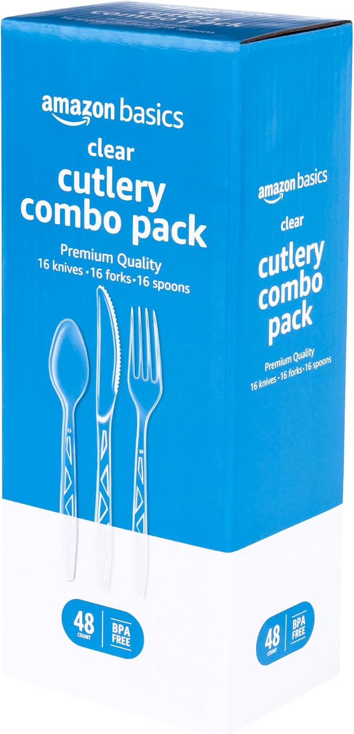 Amazon Basics Disposable Clear Plastic Cutlery, Premium Quality, BPA-Free, Sturdy, 48 Count Combo Pack: 16 Forks, 16 Spoons and 16 Knives
