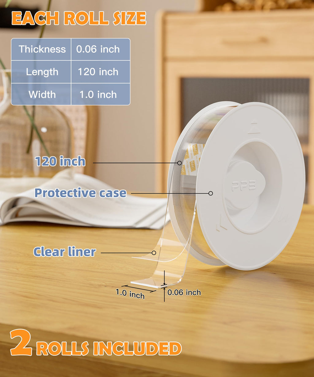 PPB Double Sided Tape for Heavy Duty Applications, Removable Mounting Tape, Nano Tape, Extra Large Clear Transparent Adhesive Strips for Poster Carpet Picture Hanging Strip Rug Wall Outdoor, 3-Pack