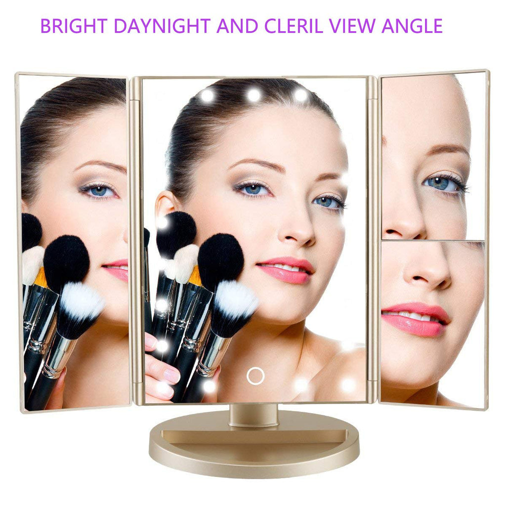 Flymiro Tri-fold Lighted Vanity Makeup Mirror with 3x/2x Magnification,Light up Mirror for Makeup,Touch Screen 21 LEDs,180° Rotation Countertop Cosmetic Mirror,Gifts for Women Mom Teen Girls