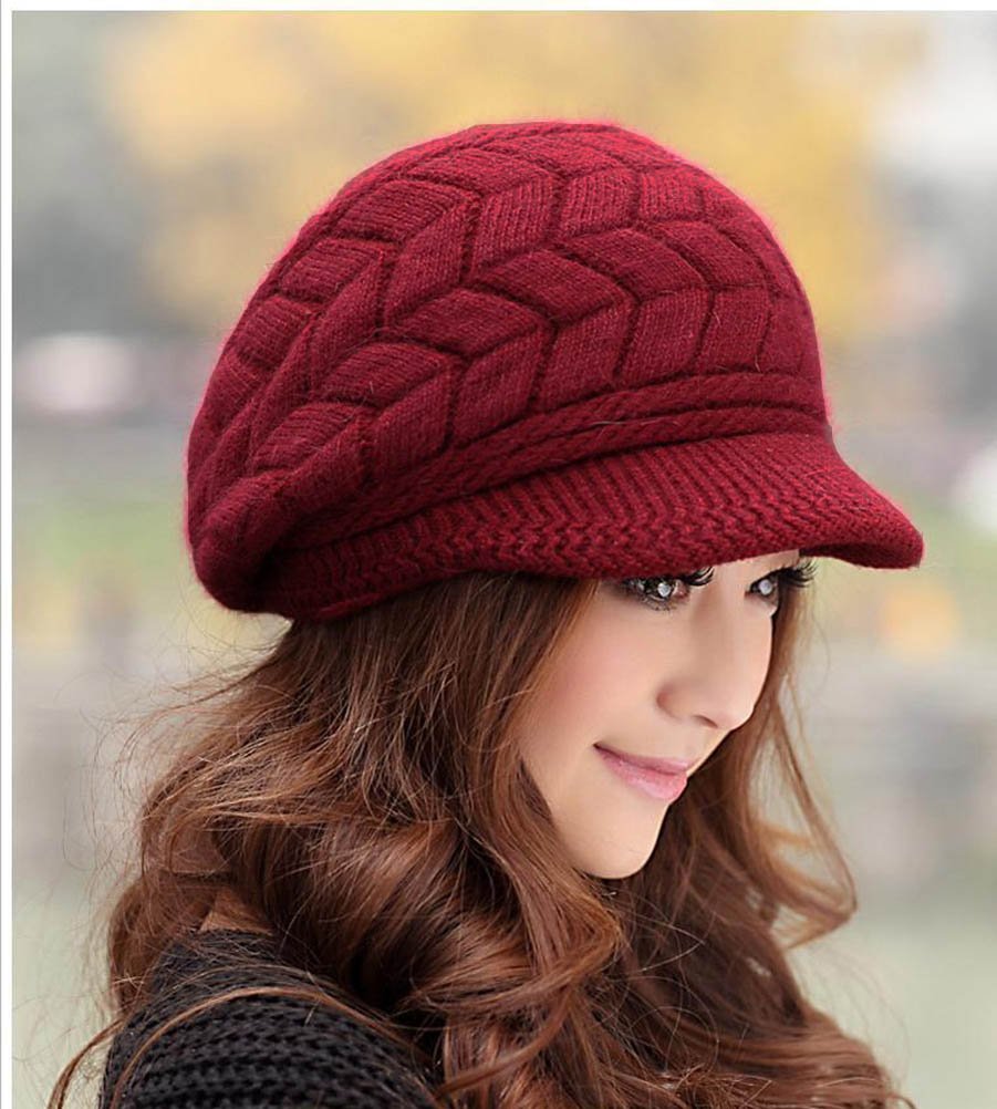 Women Winter Warm Knit Hat Wool Snow Ski Caps with Visor