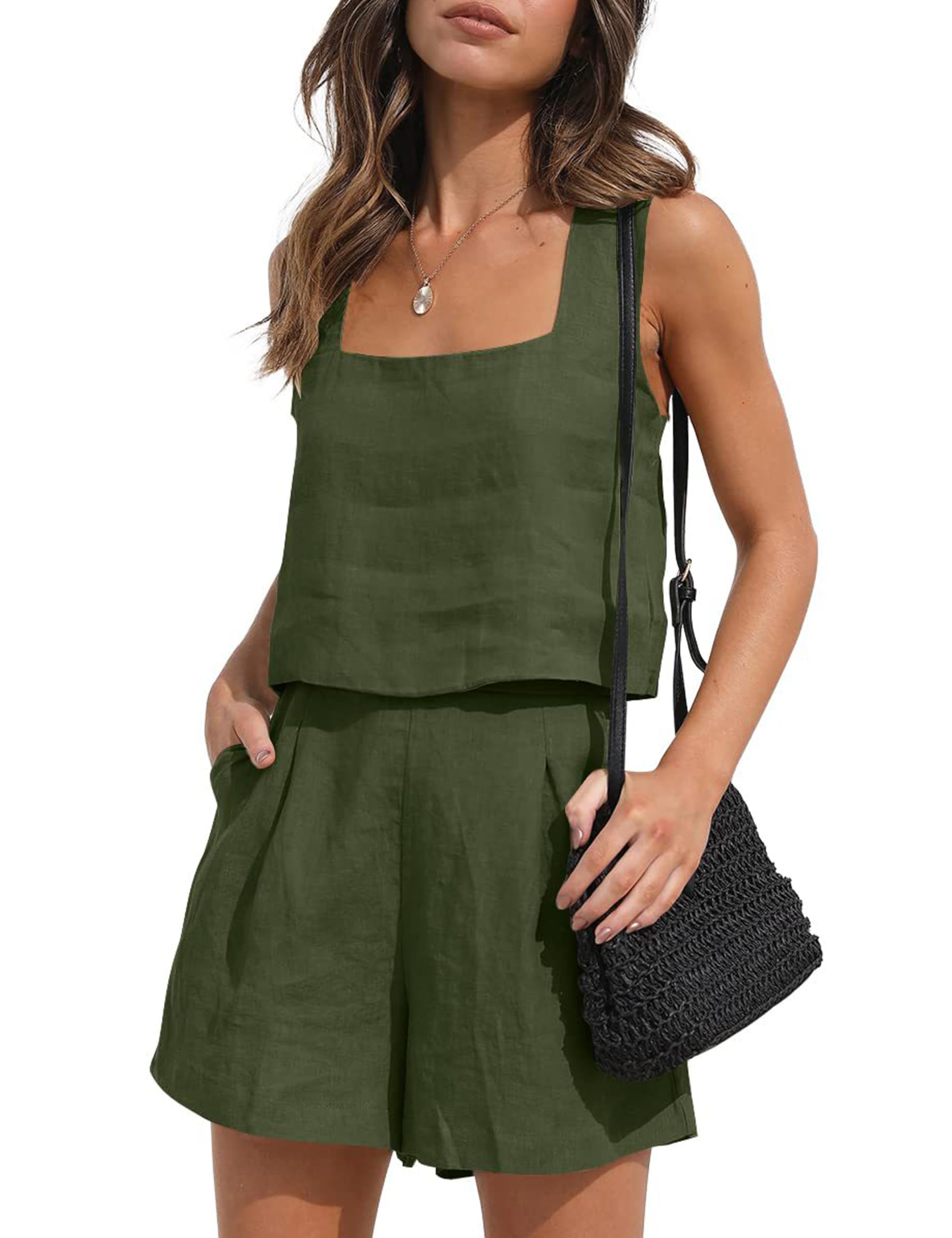 Womens Linen 2 Piece Outfits Lounge Sets sleeveless Tank Tops and High Waist Shorts Summer Vacation Set