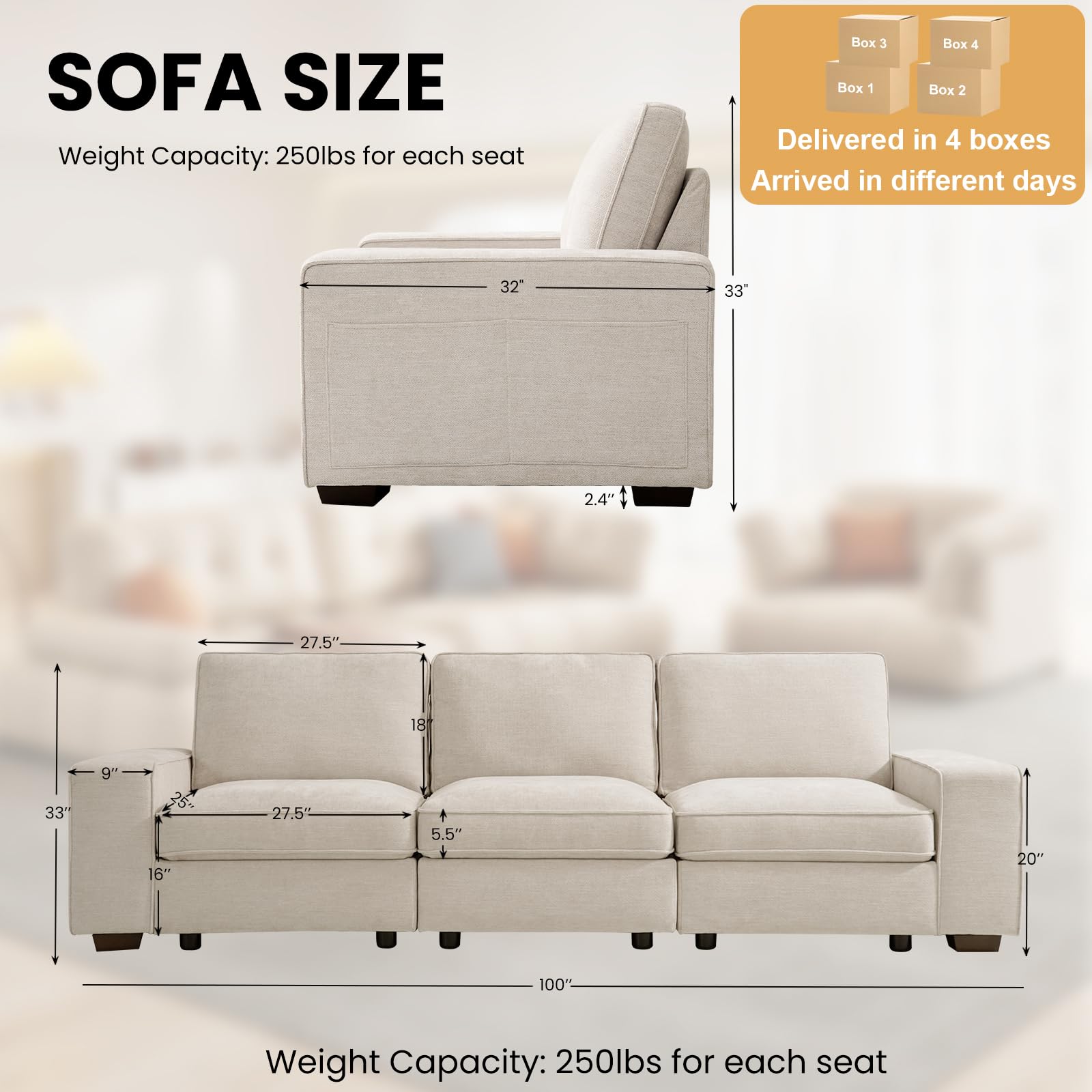 TEKAMON 100" Modular Sectional Sofa with Seats Storage, L Shaped Couch with Movable Ottoman for Living Room, Couch with Chaise, Solid Wood Frame, Spring Cushions, USB Port, Removable Covers, Beige