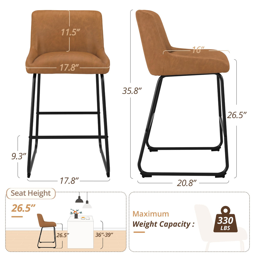 LUE BONA 26 Inch Counter Height Bar Stools Set of 2, Faux Leather Upholstered Barstools, Barstool with Back, Comfortable Bar Chairs, Modern Counter Stools for Kitchen Counter Island