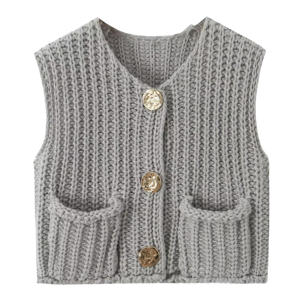 KEOMUD Women's Sleeveless Cropped Knit Cardigan Casual Button Down Crochet Sweater Vest Tops with Pockets