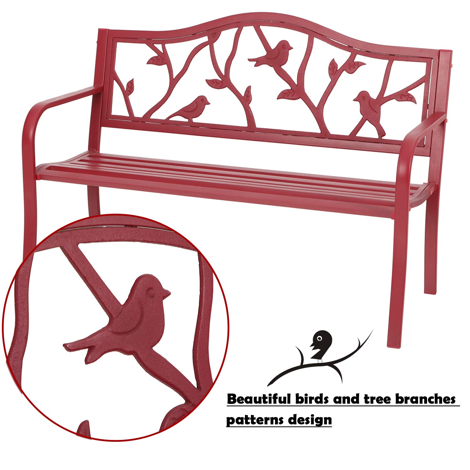 MFSTUDIO 50 Inches Outdoor Garden Bench, Cast Iron Metal Frame Patio Park Bench with Floral Pattern Backrest, Arch Legs for Porch Lawn Garden Yard(Black)