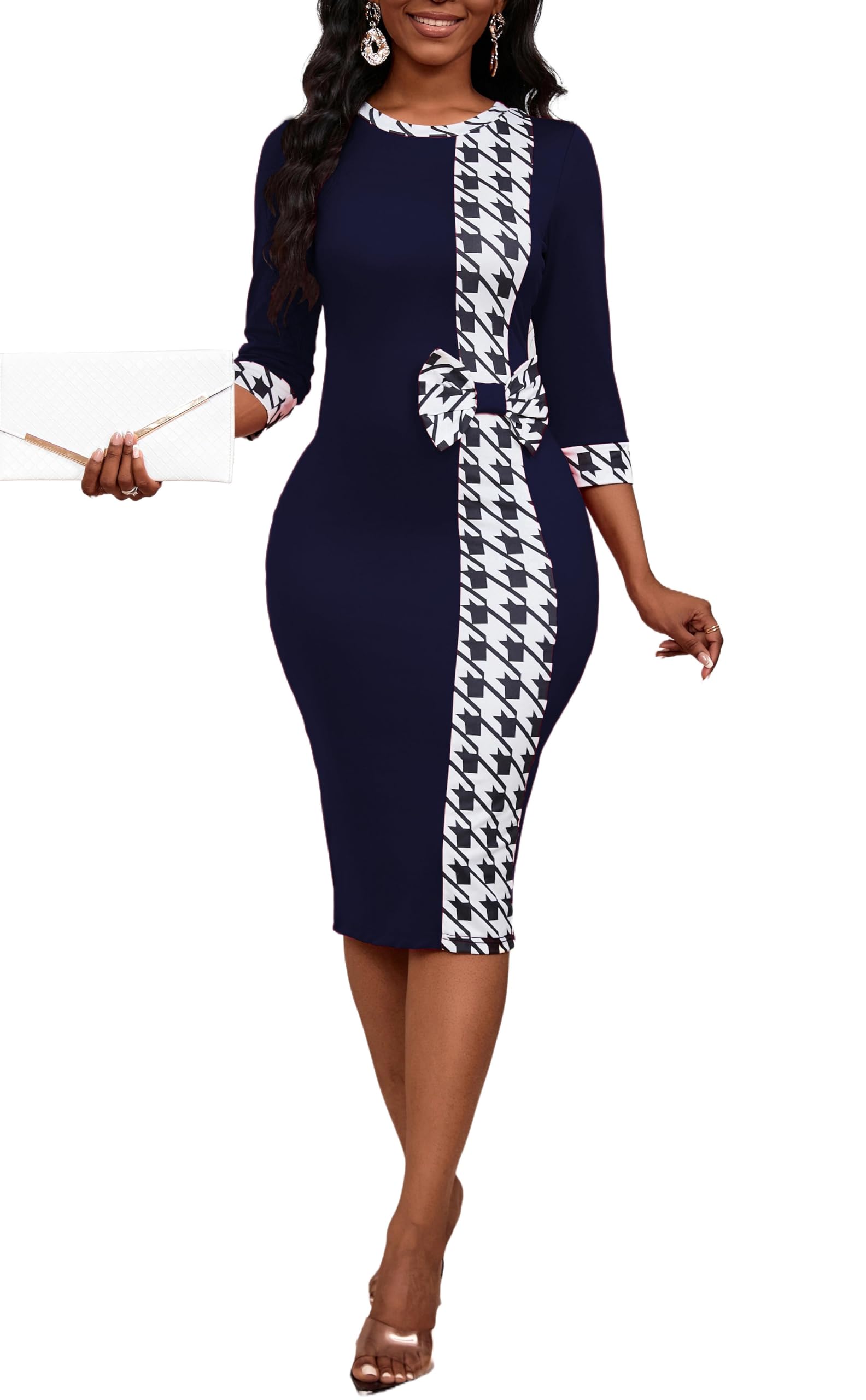 PerZeal Women's 3/4 Sleeve Round Neck Casual Houndstooth Bodycon Wear to Work Pencil Sheath Midi Dresses