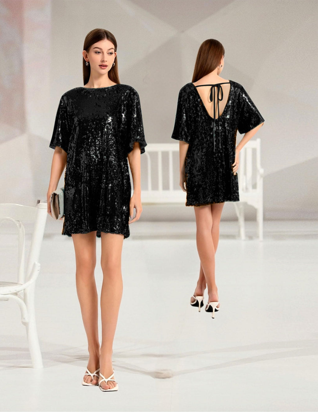 Women's Crew Neck Sequin Dress for Women Sexy V Neck Shirt Dress Sparkly Half Sleeve Loose Party Club Cocktail Dress